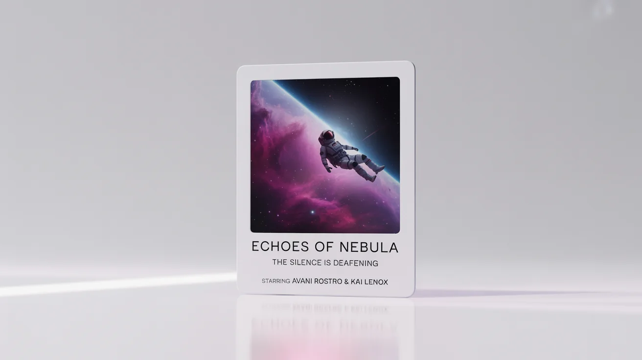 A mockup of a polaroid-style movie poster for a fictional sci-fi film titled 'Echoes of Nebula', resting on a white background.
