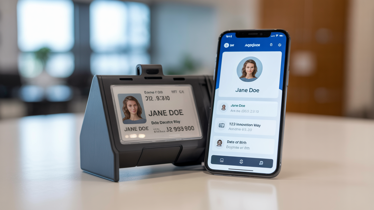 An image demonstrating an ID card extractor's result. On the left is a physical ID card, and on the right is a smartphone screen showing the card's information perfectly auto-filled into a digital form.