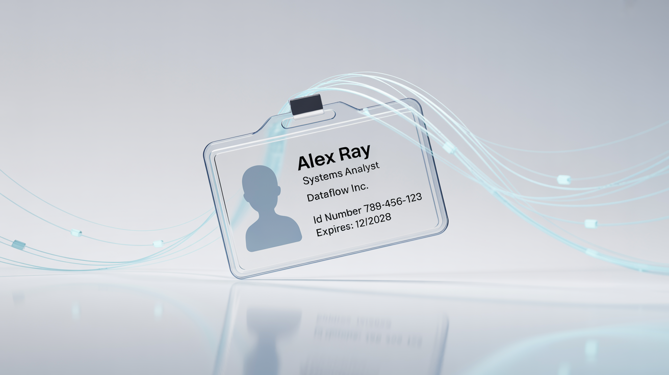 A modern ID card on a white background with glowing blue digital streams flowing out of it, symbolizing data extraction.