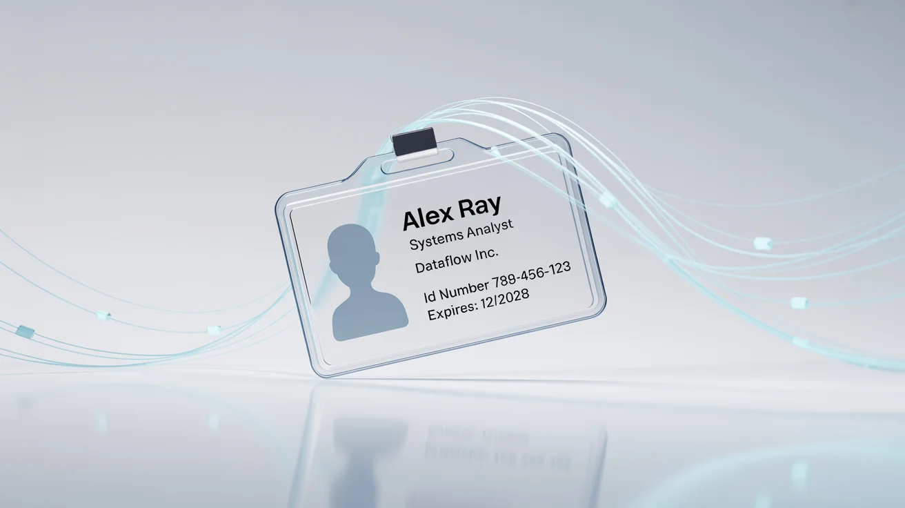 A modern ID card on a white background with glowing blue digital streams flowing out of it, symbolizing data extraction.
