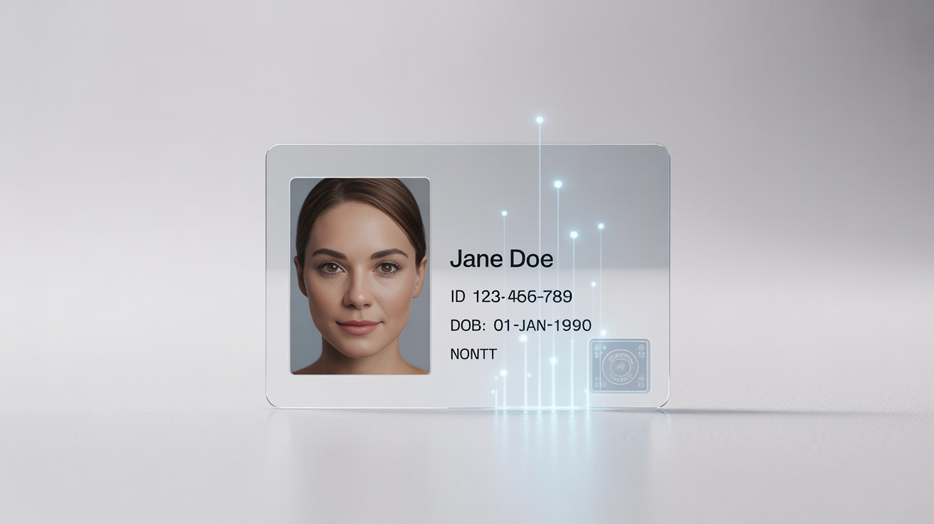 A fictional ID card for Jane Doe on a white background, with glowing lines of data being extracted from the text, visually representing an ID card extractor.