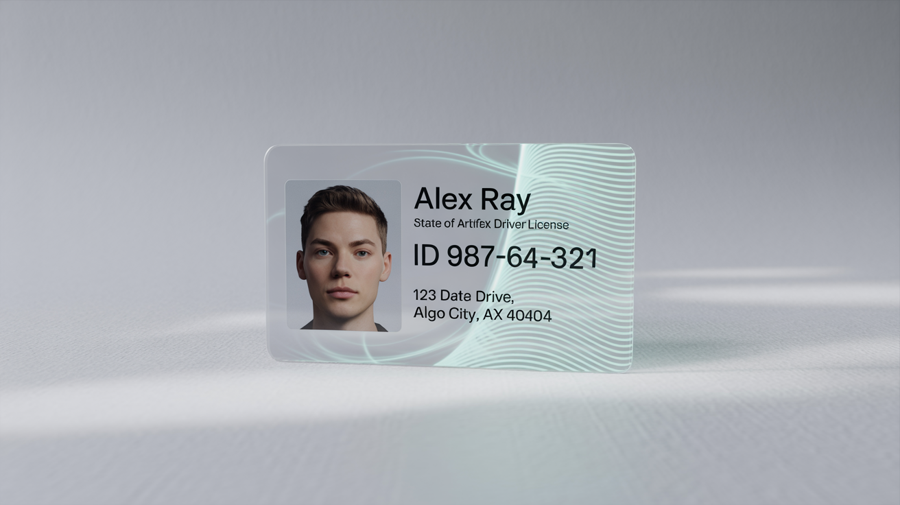 A mockup of a fictional driver's license on a white background, with glowing blue digital streams rising from it to symbolize data extraction.