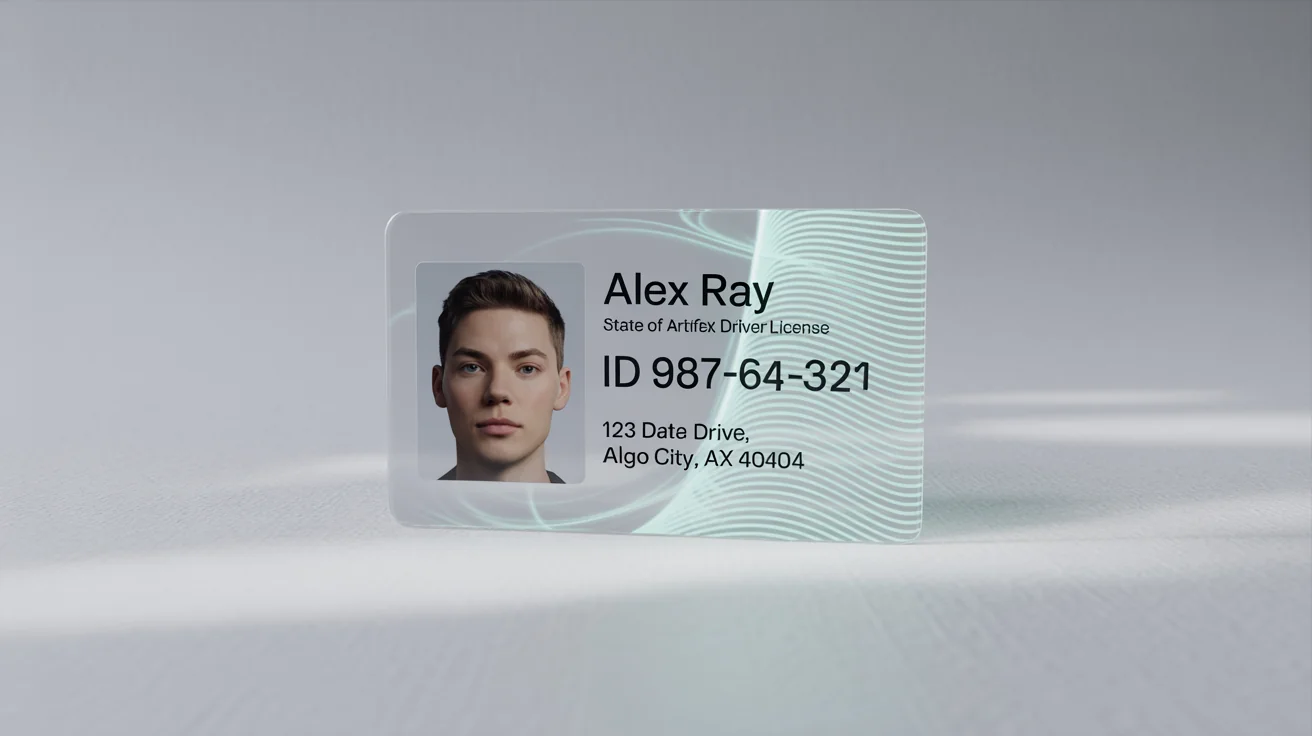 A mockup of a fictional driver's license on a white background, with glowing blue digital streams rising from it to symbolize data extraction.