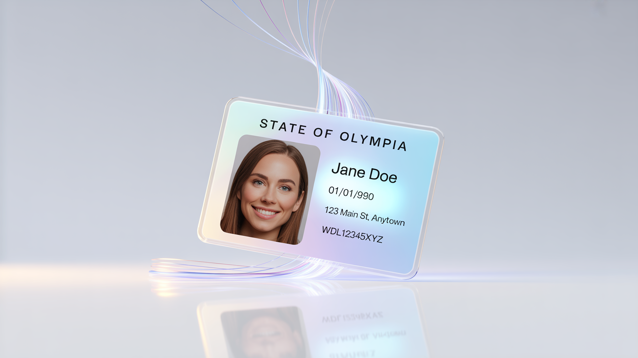 A fictional ID card for 'Jane Doe' lying on a white surface, with glowing blue lines of data rising from the card to symbolize information extraction.