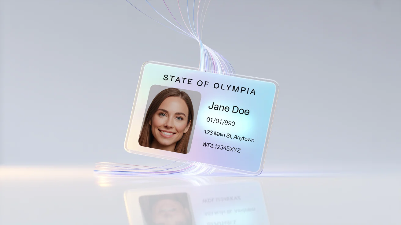 A fictional ID card for 'Jane Doe' lying on a white surface, with glowing blue lines of data rising from the card to symbolize information extraction.