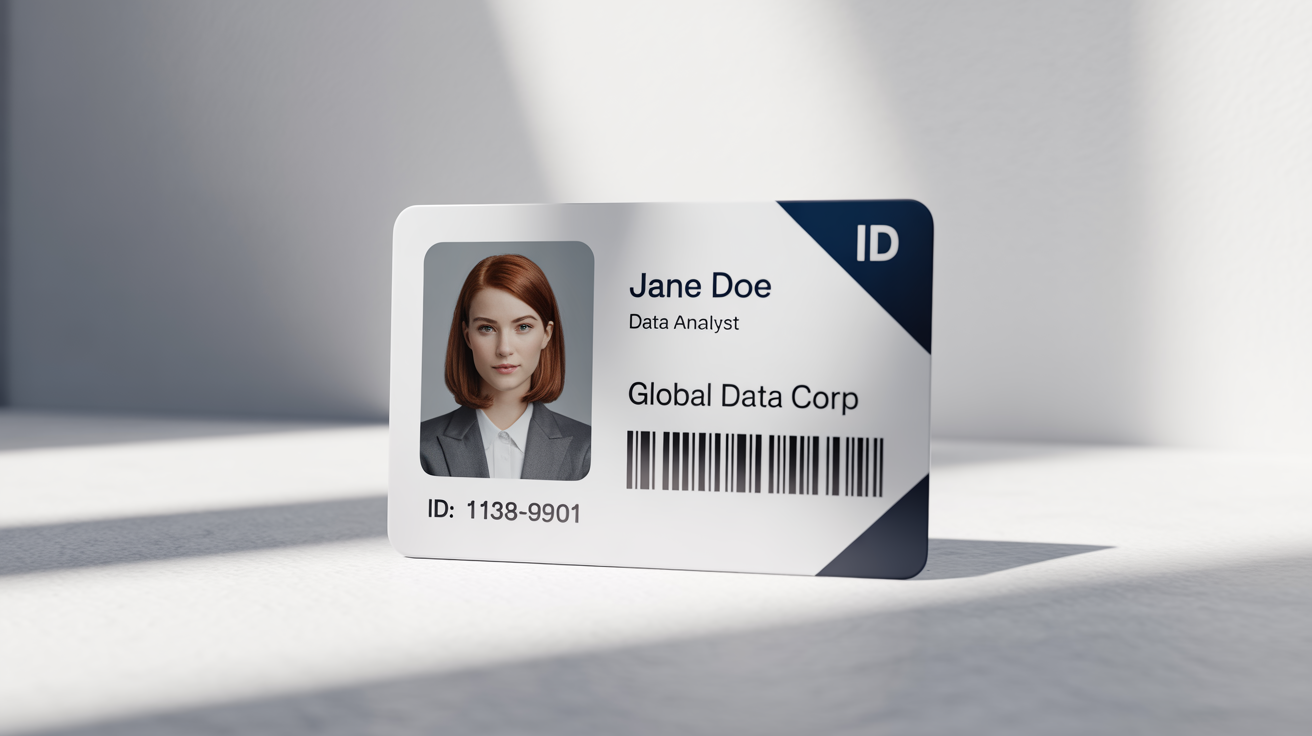 A photorealistic mockup of a modern corporate ID card for 'Jane Doe', a 'Data Analyst' at 'Global Data Corp', displayed on a clean white background.
