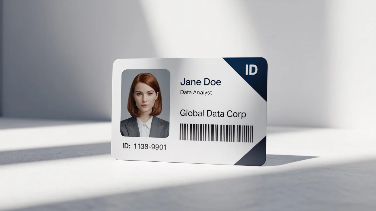 A photorealistic mockup of a modern corporate ID card for 'Jane Doe', a 'Data Analyst' at 'Global Data Corp', displayed on a clean white background.