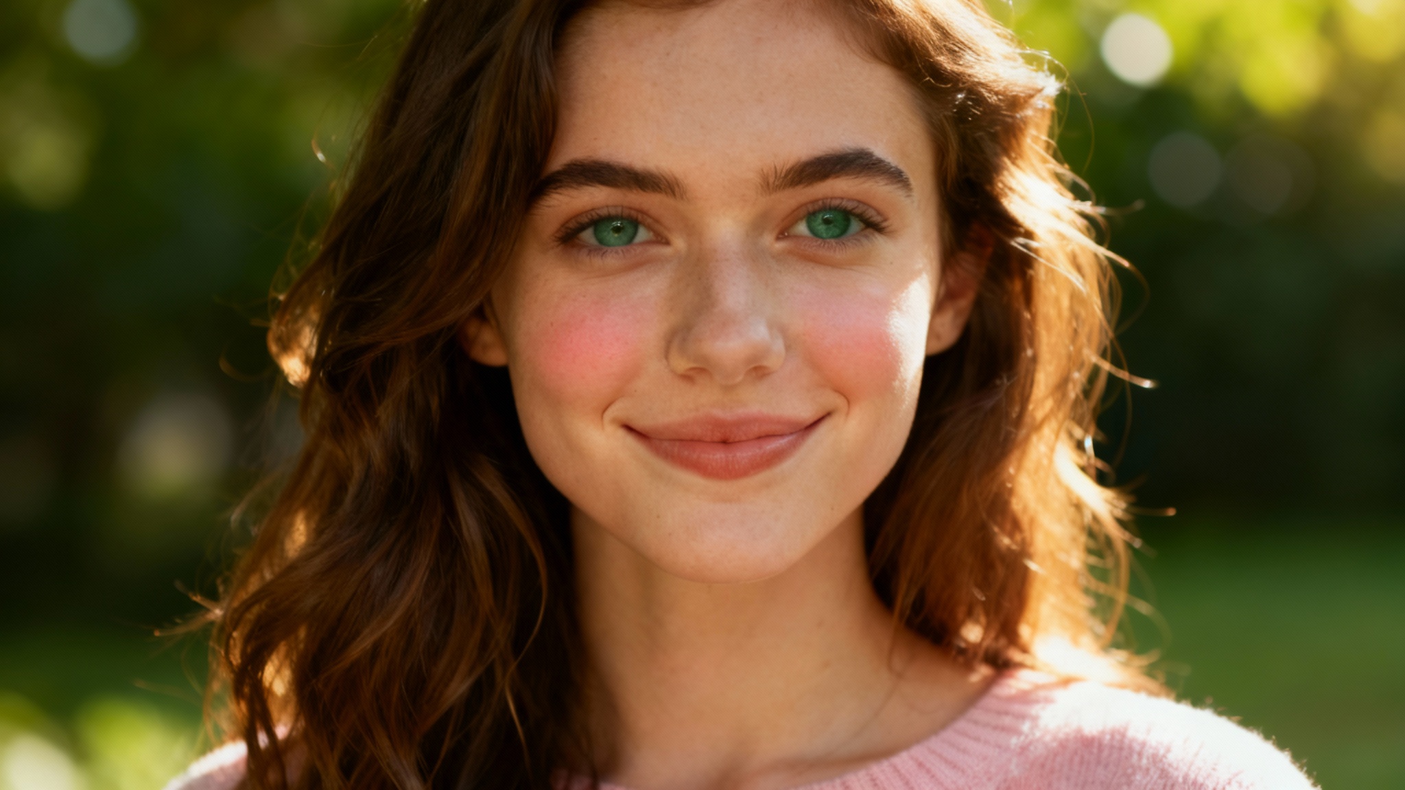 A close-up hero image showing the result of an 'add blush' tool: a beautiful woman with a natural, healthy-looking rosy blush on her cheeks, giving her a warm and radiant glow.