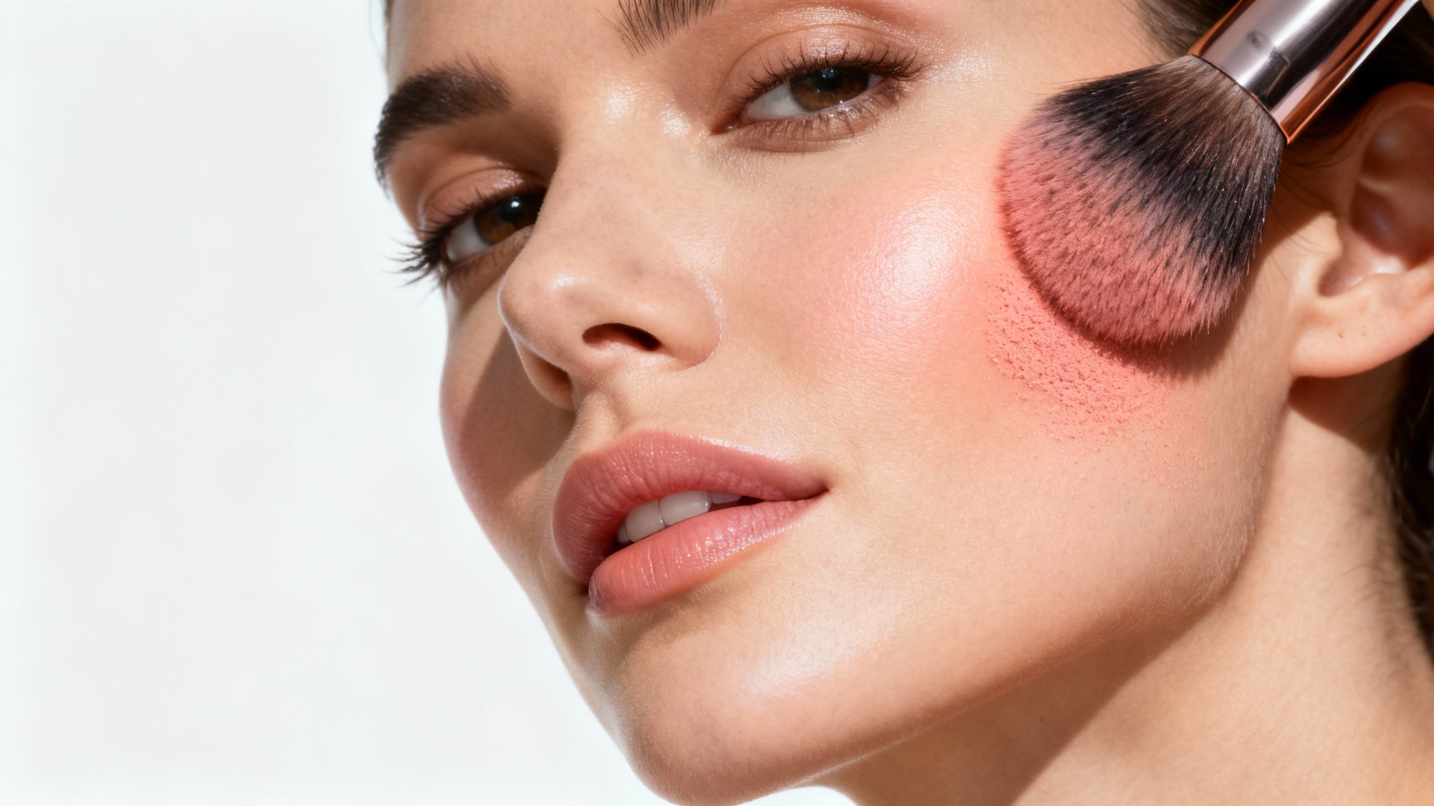 A close-up studio photograph of a makeup brush applying a peachy-pink blush to a woman's cheek against a solid white background, creating a healthy, radiant glow.