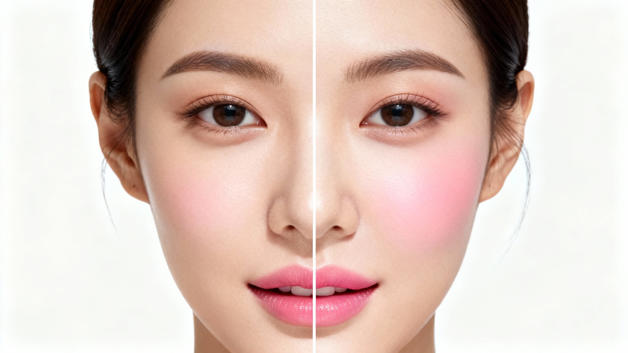 A split-screen beauty shot of a woman's face. The left side shows her natural skin, while the right side shows the same face with a touch of rosy blush on the cheek, giving it a healthy glow.