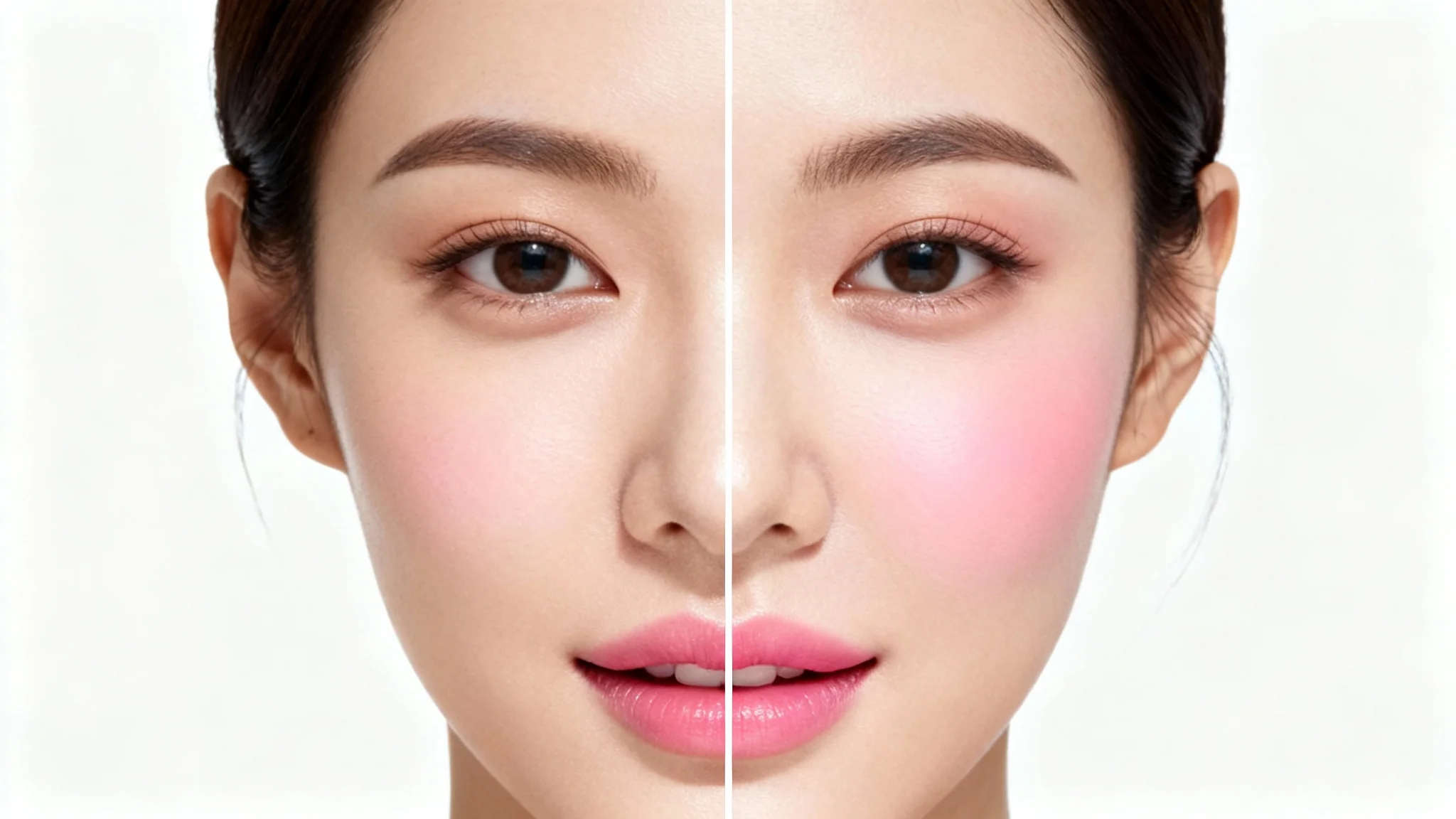 A split-screen beauty shot of a woman's face. The left side shows her natural skin, while the right side shows the same face with a touch of rosy blush on the cheek, giving it a healthy glow.