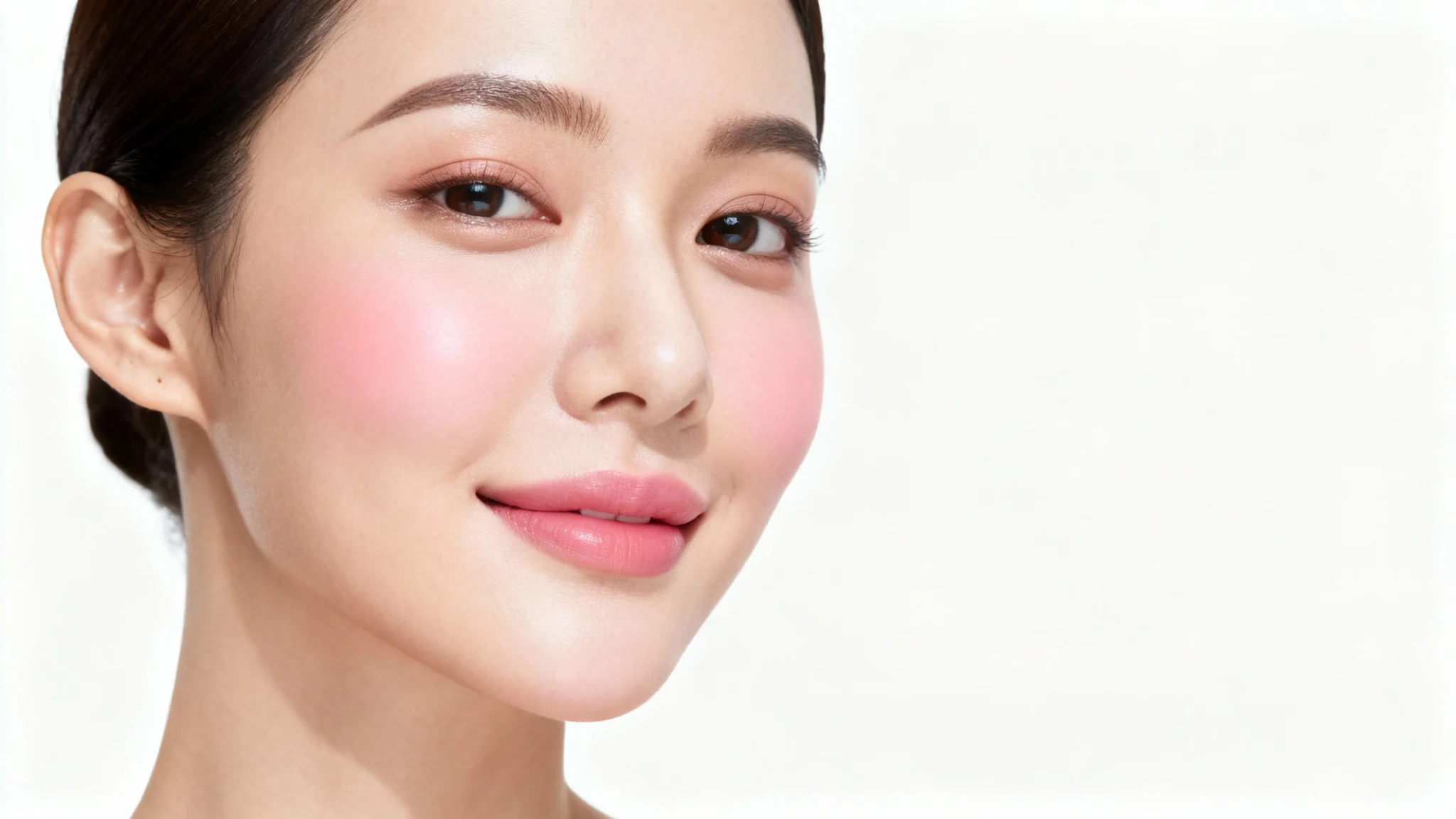 A close-up beauty photograph of a woman's face against a white background, highlighting the natural, healthy glow from the perfectly applied rosy blush on her cheeks.