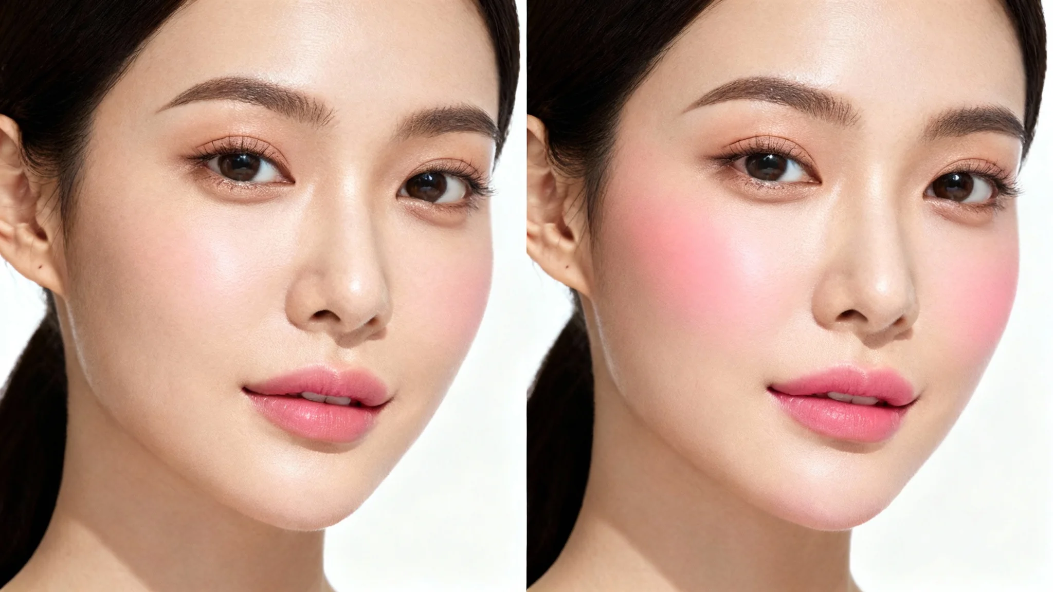 A close-up beauty shot comparing a woman's cheek before and after applying blush. The left side is natural, while the right side has a soft, rosy blush, all against a clean white background.