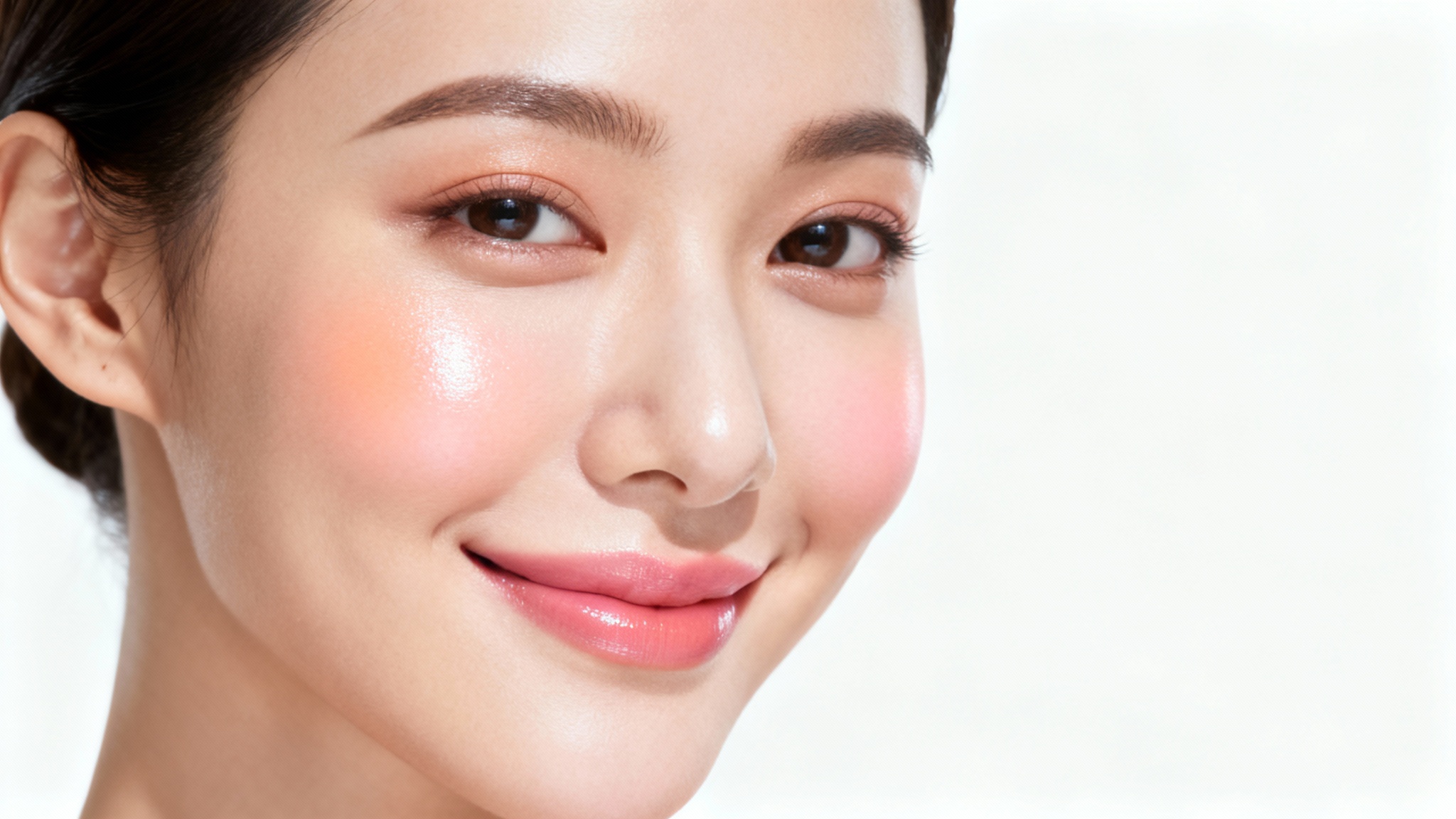 A close-up beauty shot of a woman's face, showing perfectly applied rosy blush on her cheek, giving her a healthy glow, against a clean white background.