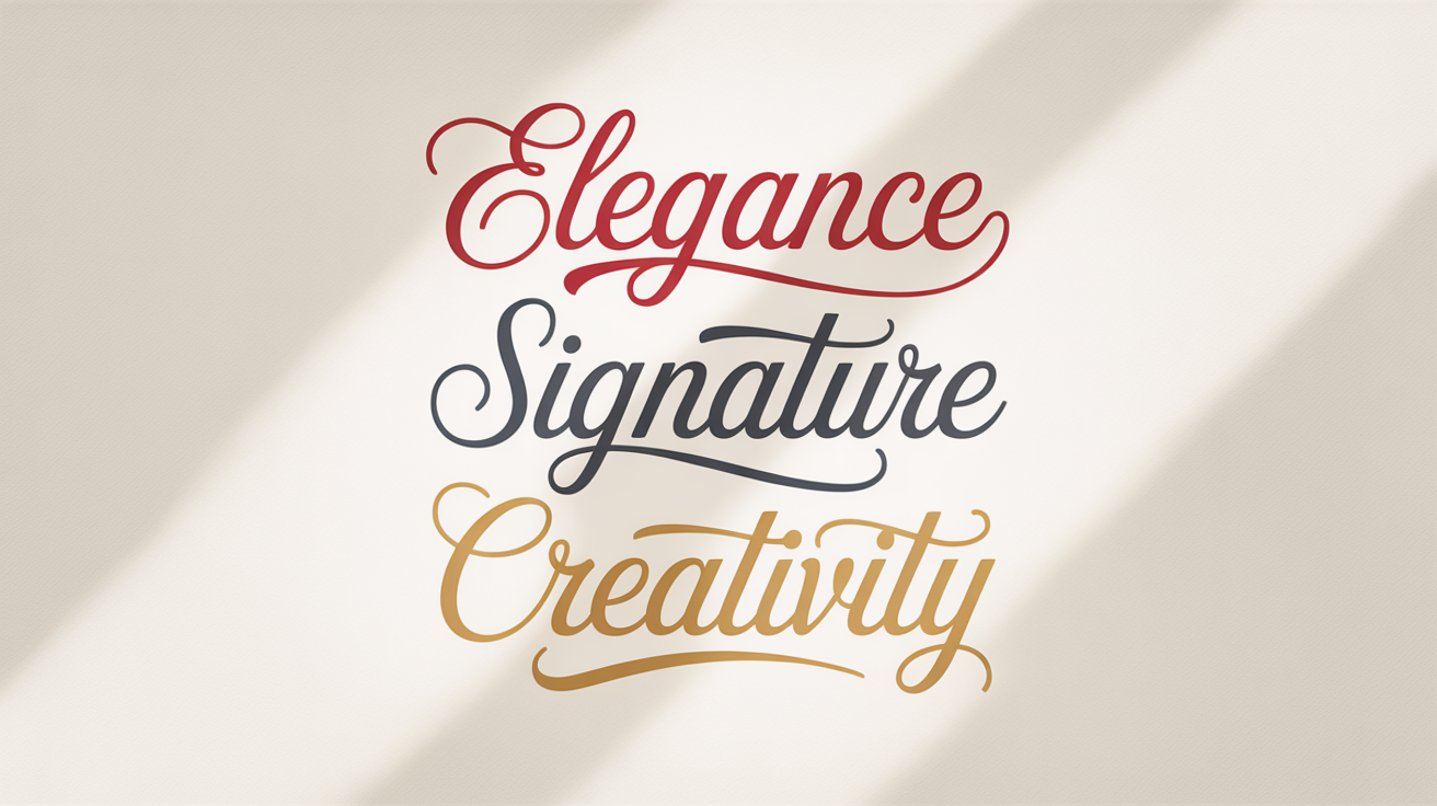 A hero image displaying the words 'Elegance', 'Signature', and 'Creativity' written in three different beautiful cursive fonts against a clean white background, showcasing a cursive text generator.
