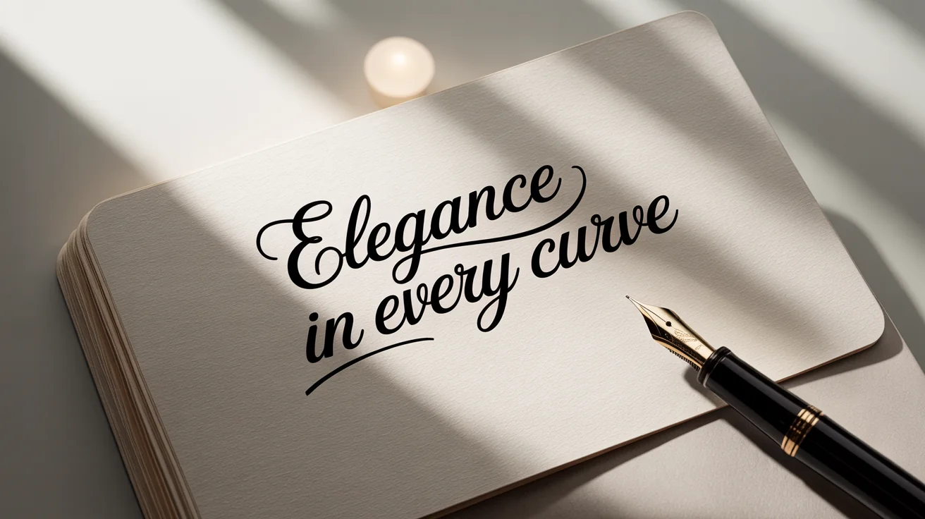 An elegant cursive script reading 'Elegance in Every Curve' written in black ink on textured white paper, with a fountain pen resting nearby on a clean white background.