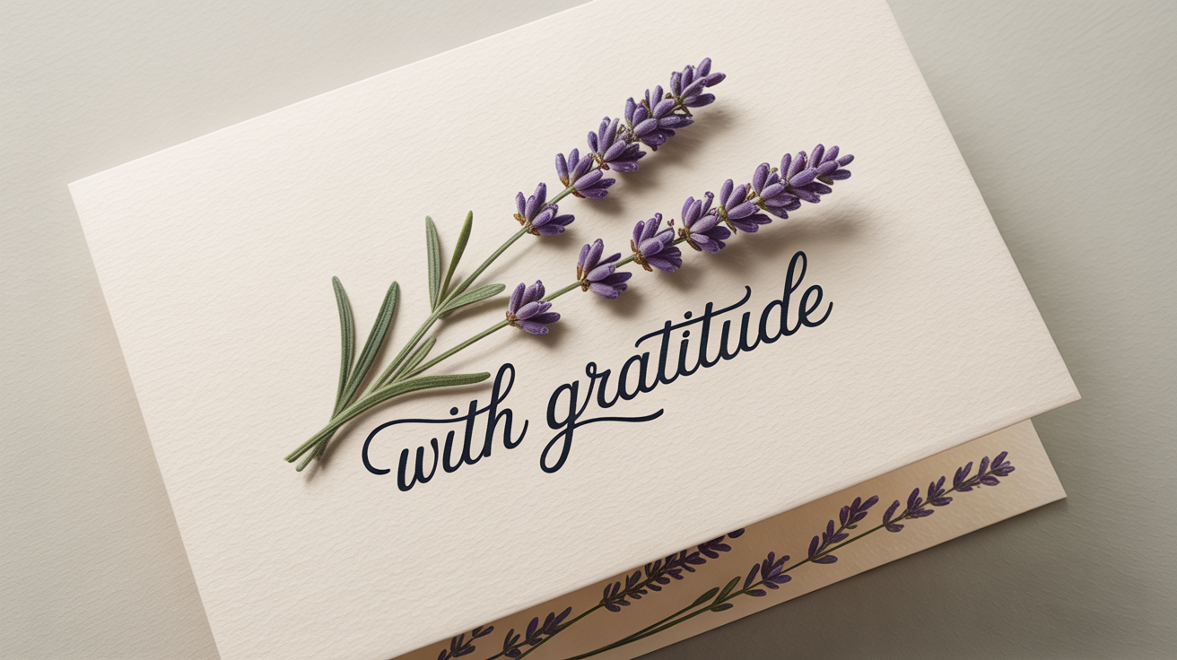 A photorealistic mockup of a thank you card on a white background, with the words 'With Gratitude' written in elegant, navy blue cursive script.