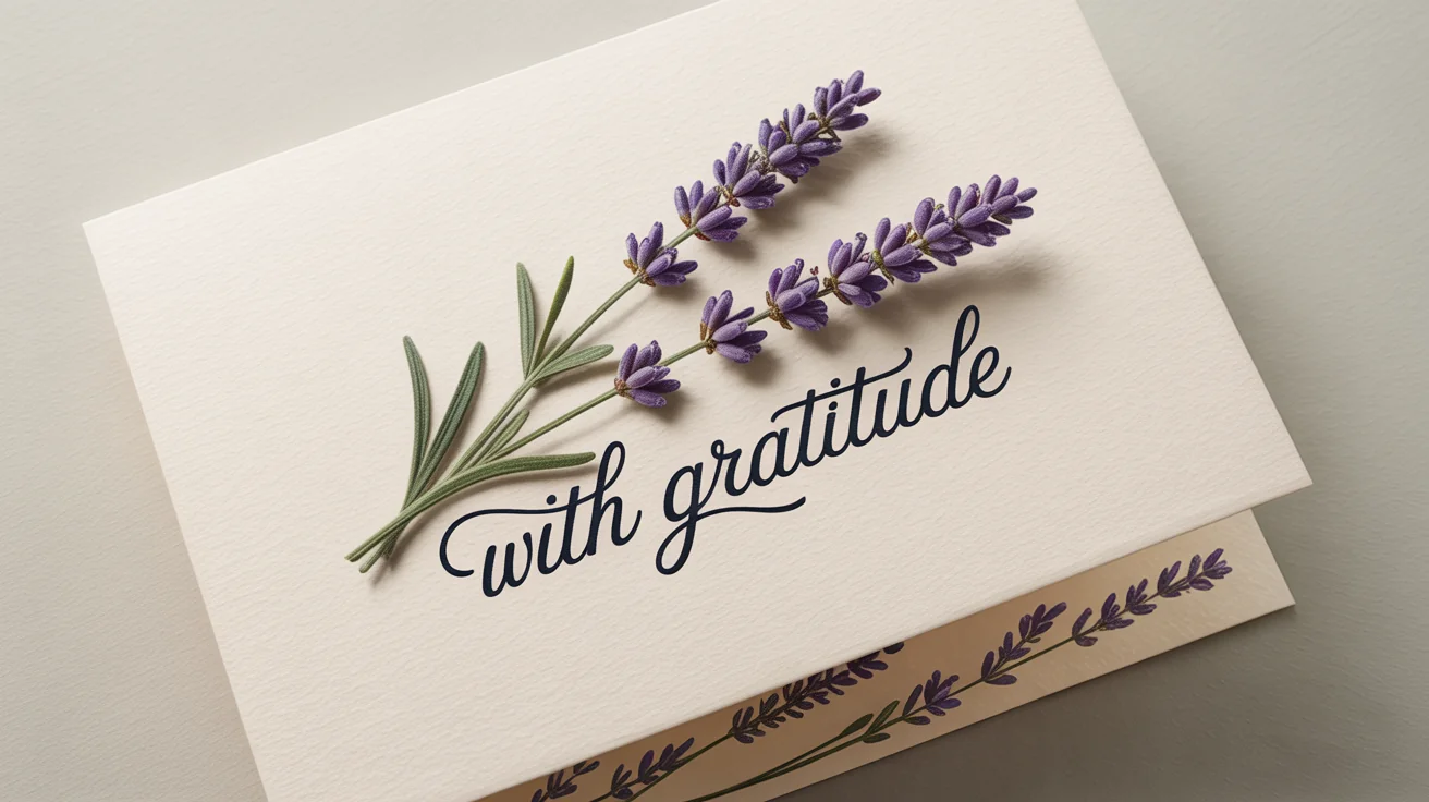 A photorealistic mockup of a thank you card on a white background, with the words 'With Gratitude' written in elegant, navy blue cursive script.