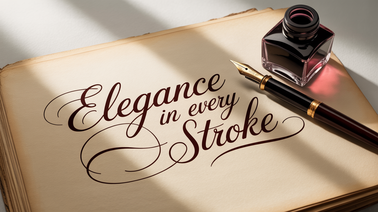 A close-up of the phrase 'Elegance in Every Stroke' written in beautiful cursive script on textured paper, with a fountain pen lying beside it on a white background.