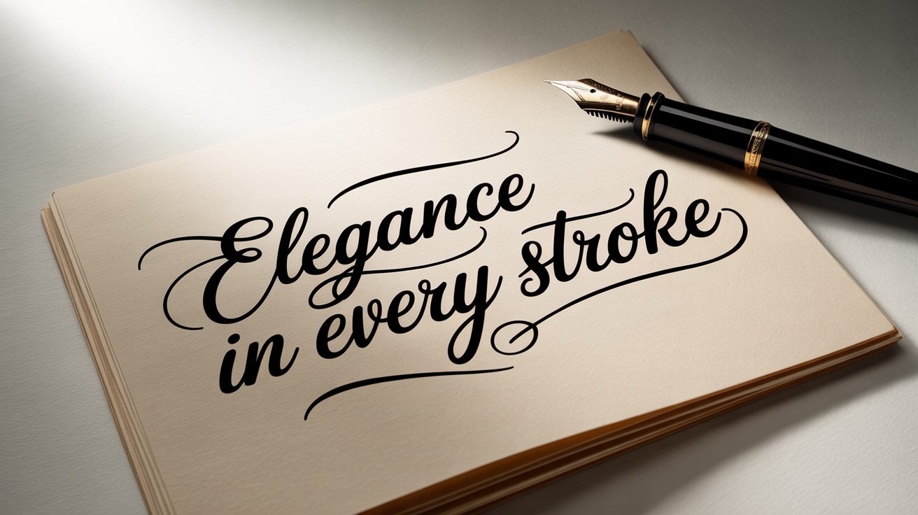 The phrase 'Elegance in Every Stroke' written in beautiful black cursive on high-quality cream paper, displayed on a clean white background.