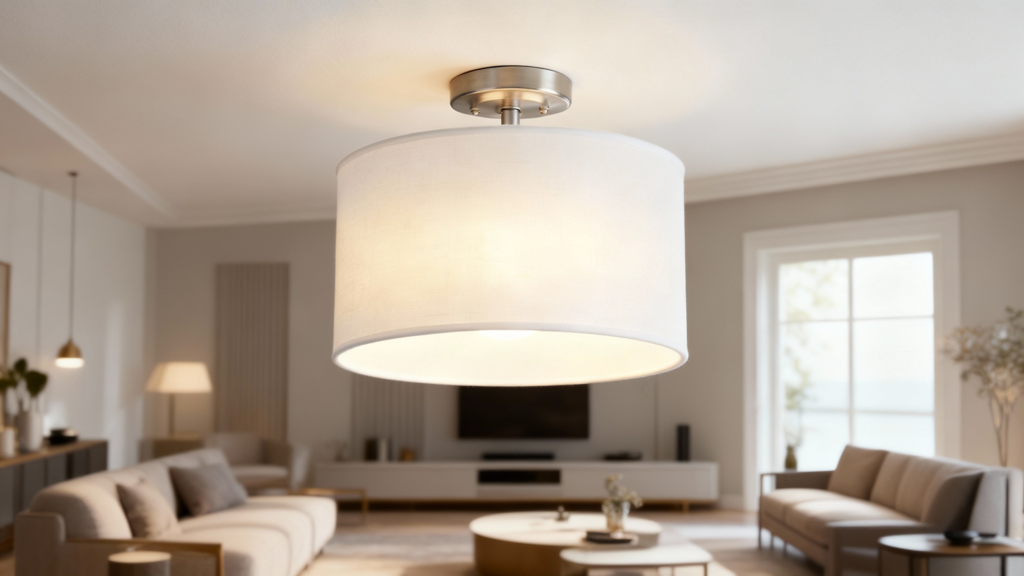 A beautifully designed modern living room with a semi-flush drum light fixture with a white fabric shade mounted on the ceiling, casting a warm and inviting ambient glow.