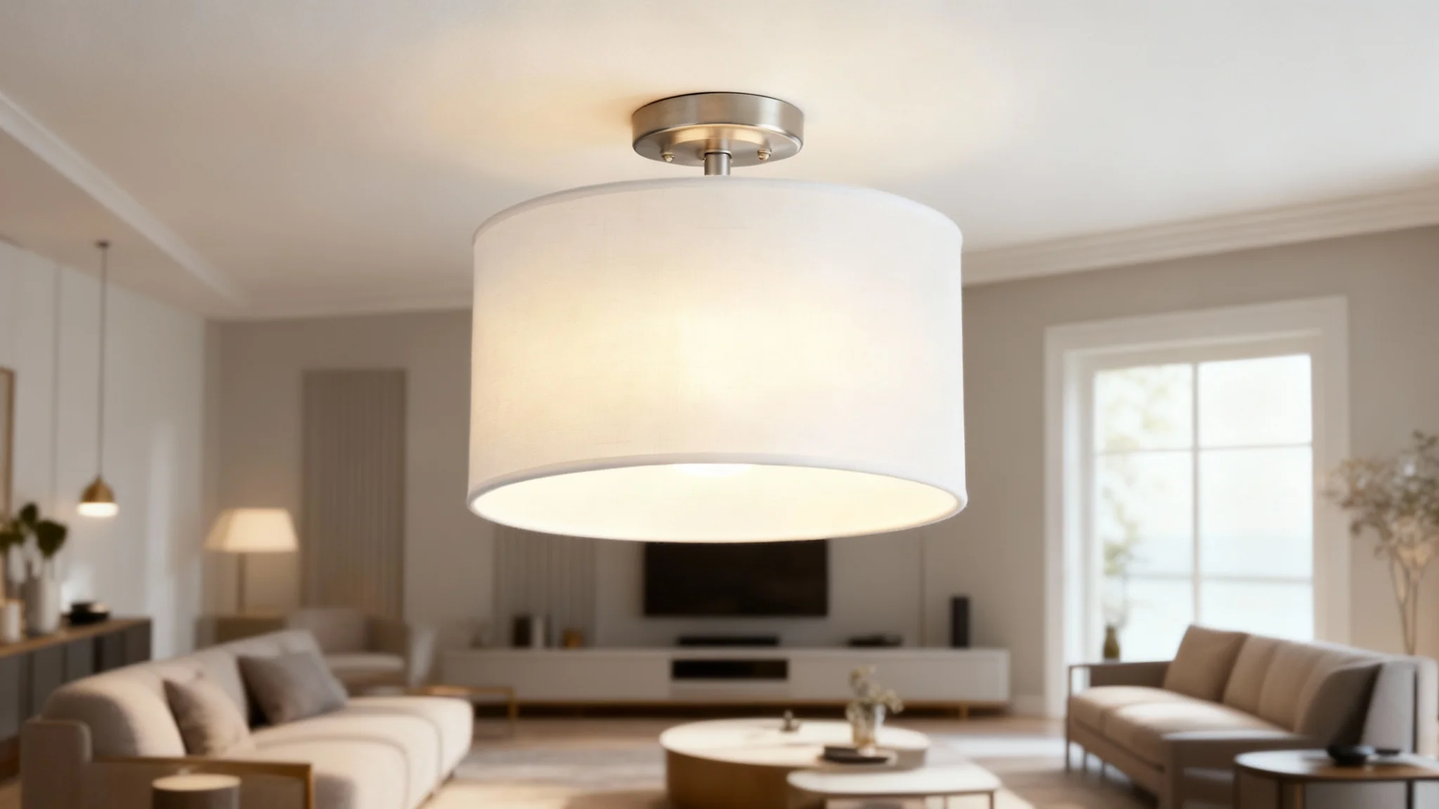 A beautifully designed modern living room with a semi-flush drum light fixture with a white fabric shade mounted on the ceiling, casting a warm and inviting ambient glow.