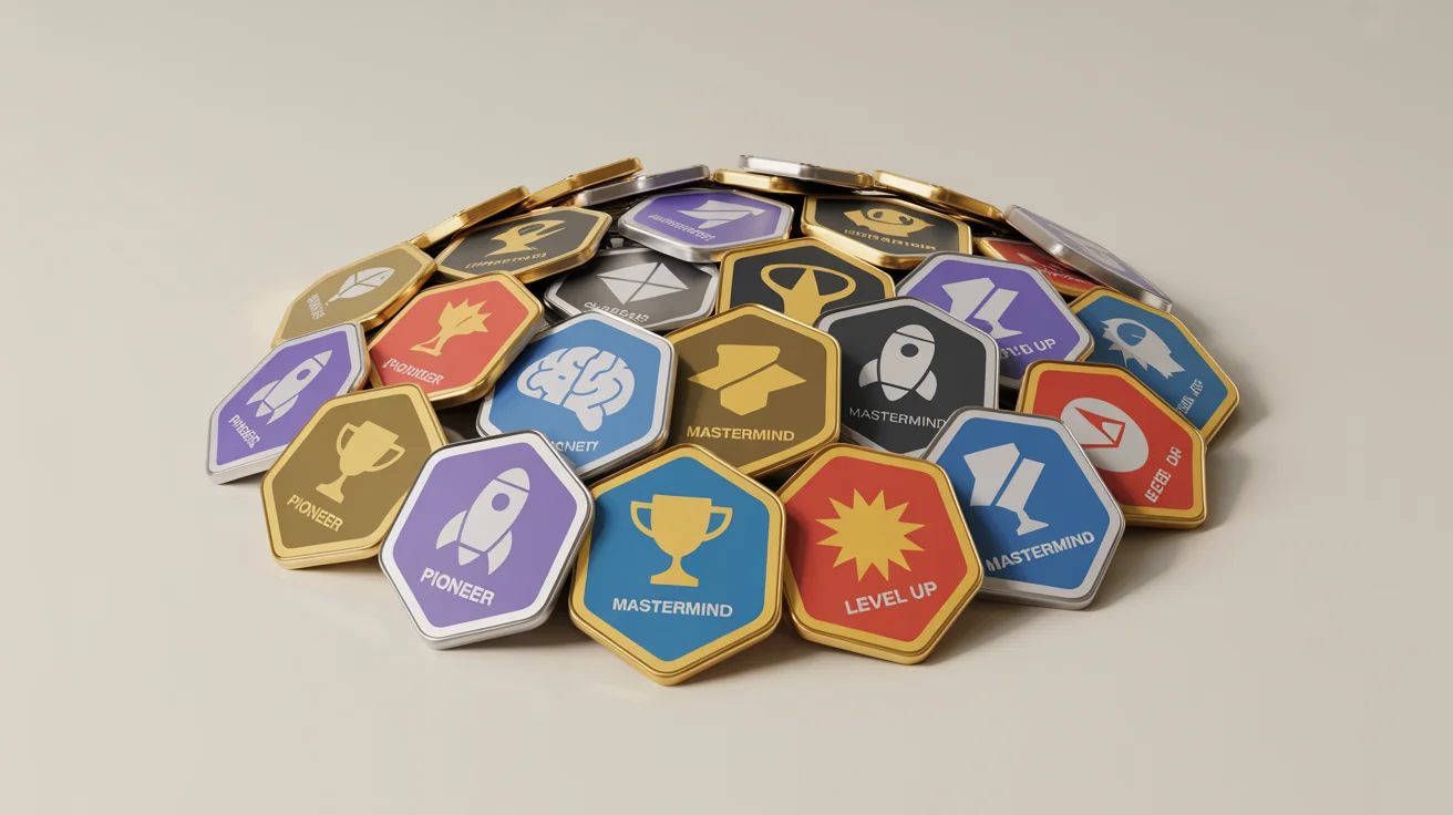 A collection of colorful and metallic achievement badges arranged on a clean background, showcasing different designs for awards like 'Pioneer' and 'Mastermind'.