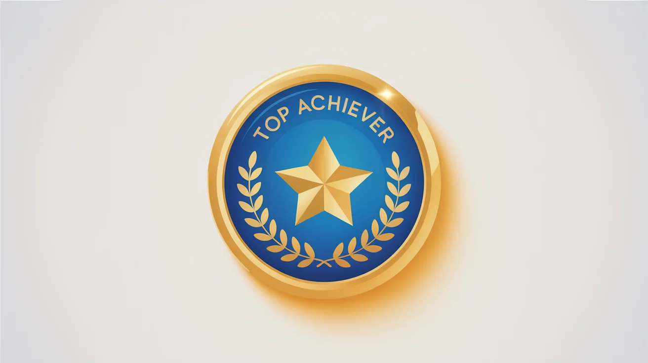 A gold and blue achievement badge with a star, a laurel wreath, and the words 'Top Achiever', shown on a white background.