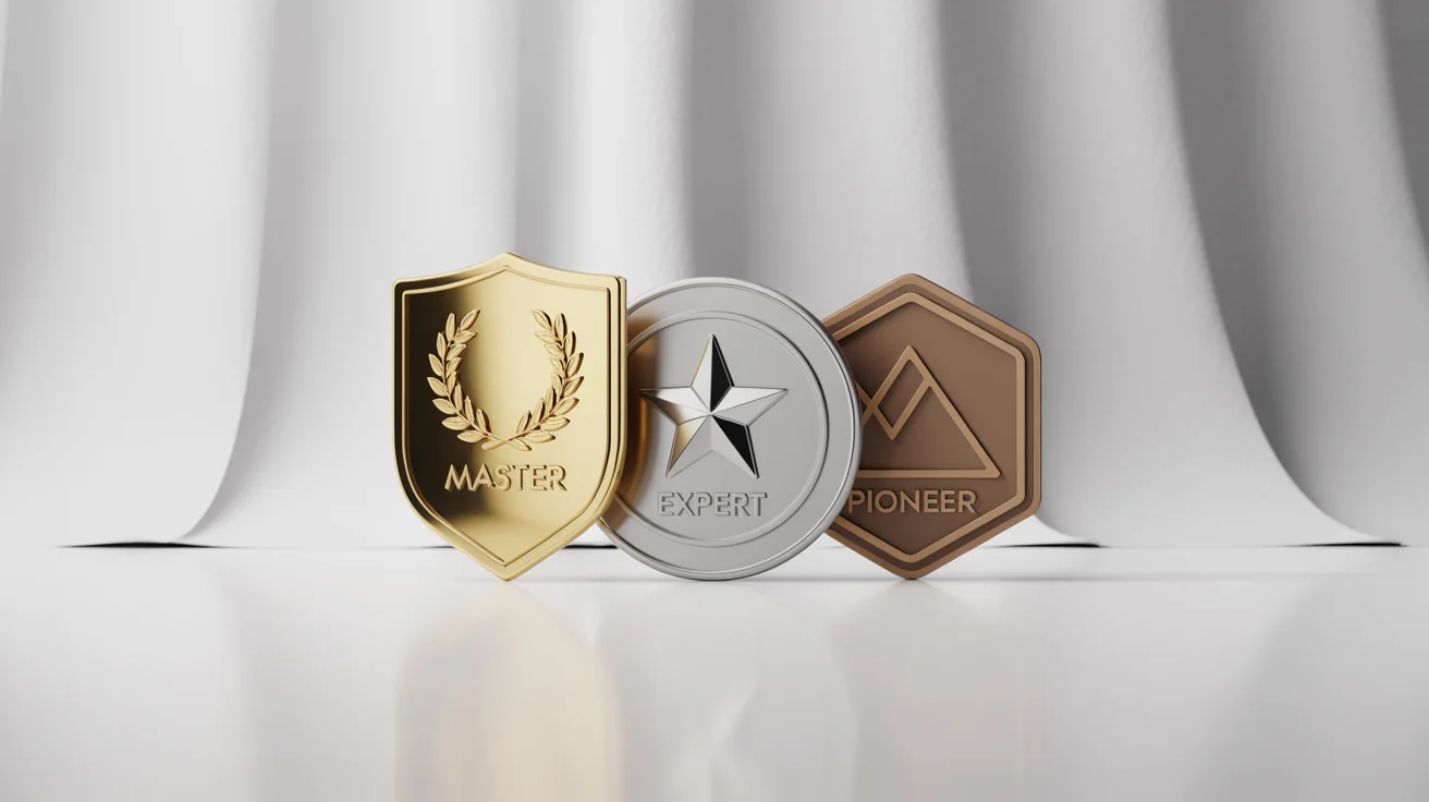A mockup of three digital achievement badges on a white background. The badges are gold, silver, and bronze, with labels for 'MASTER', 'EXPERT', and 'PIONEER' respectively.