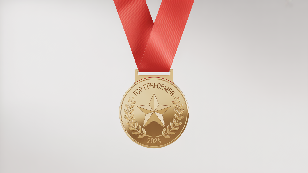 A close-up shot of a gold achievement badge with a red ribbon, engraved with a star, laurel wreath, and the text 'Top Performer 2024' on a white background.