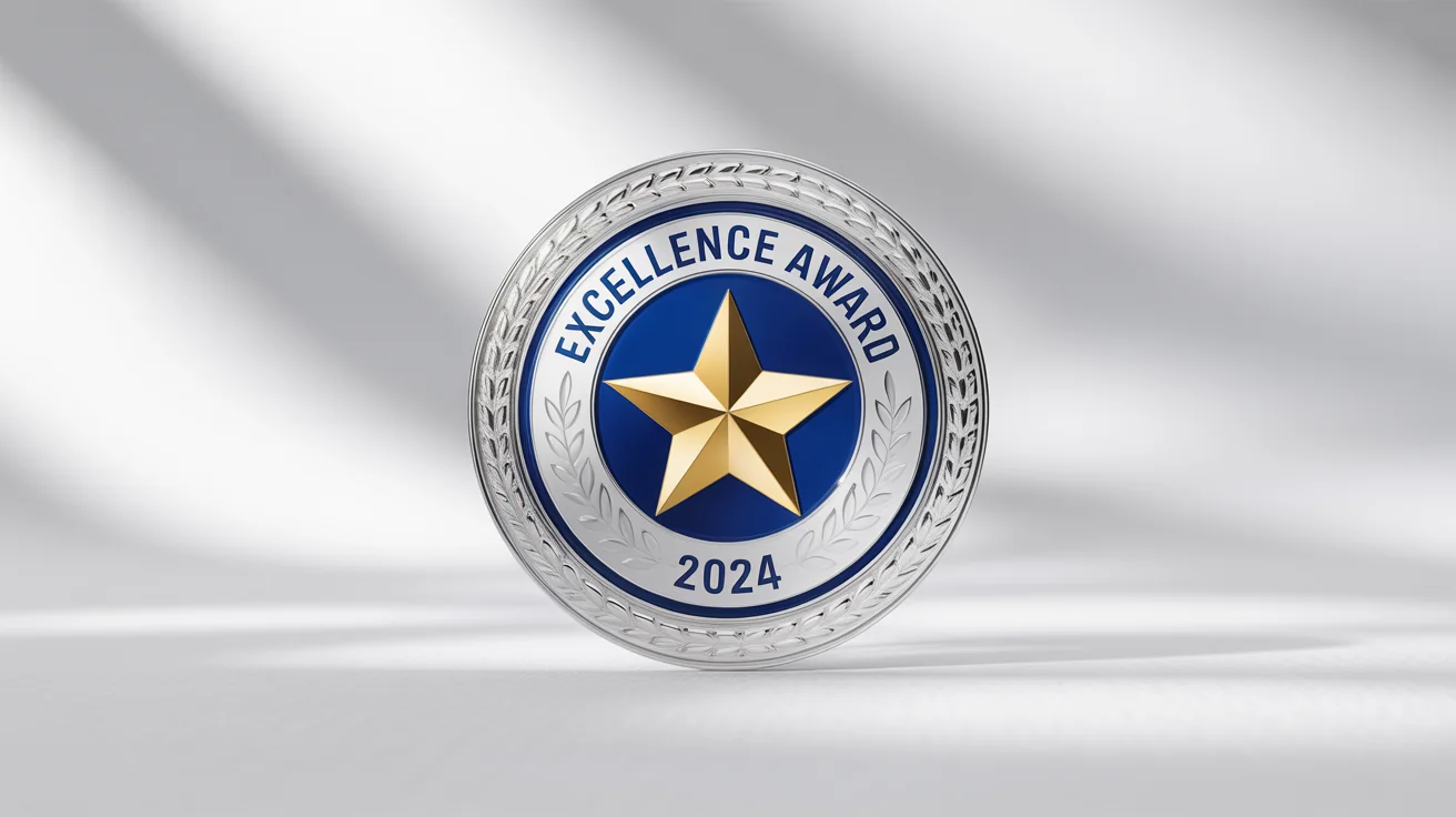 A premium digital achievement badge with a gold star and silver laurel wreath on a royal blue background, with the text 'EXCELLENCE AWARD' and '2024'.