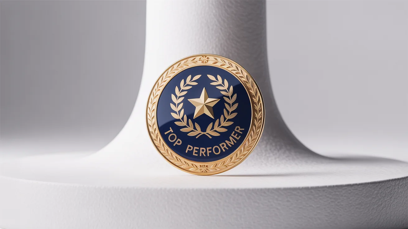 A golden achievement badge with a star and the words 'Top Performer' on a white background, representing a high-value award.