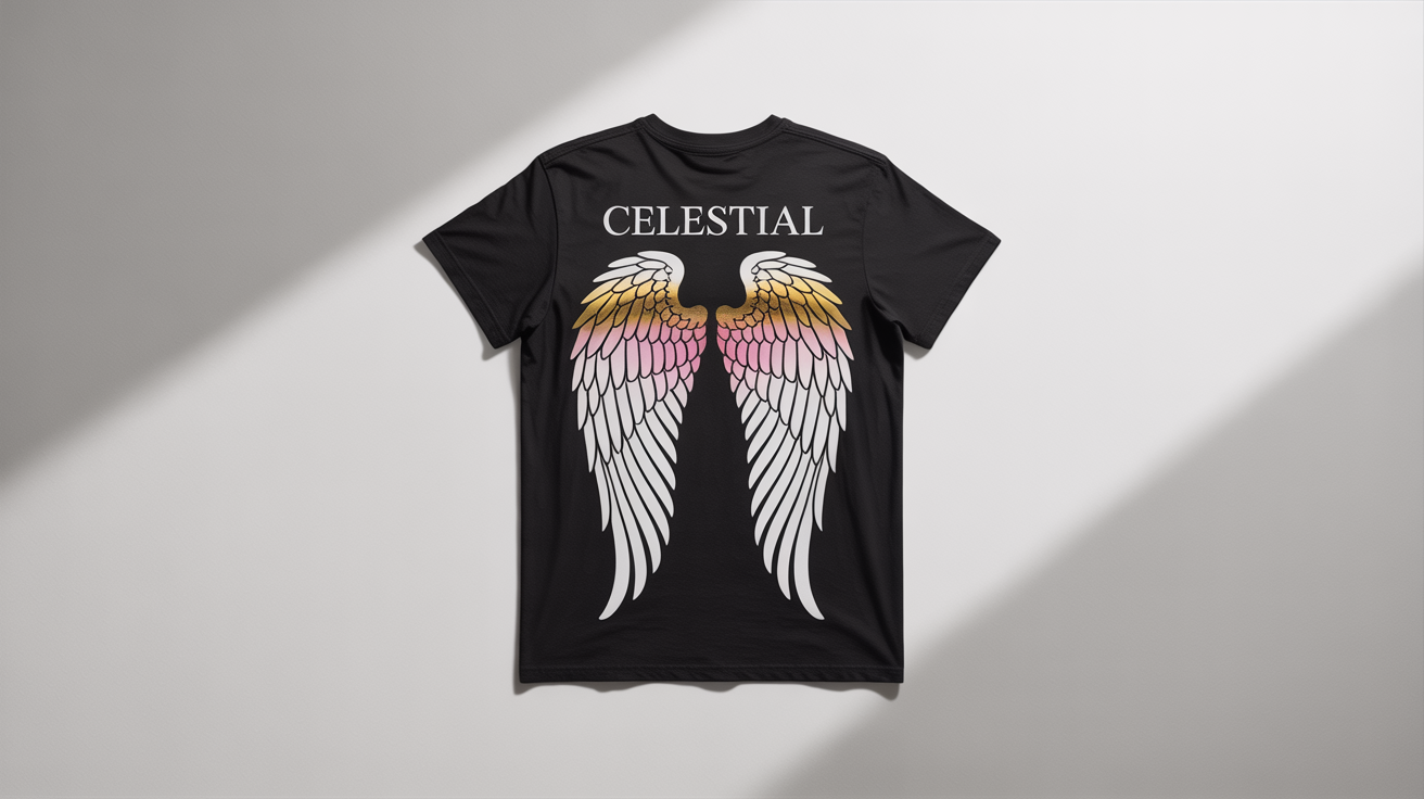 A finished design of majestic angel wings, glowing white and gold, printed on the back of a black t-shirt. The word 'CELESTIAL' is printed above the wings.