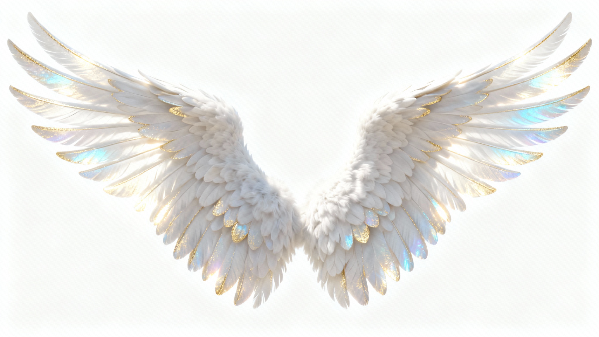A close-up of a pair of large, majestic white angel wings with intricate feather detail, glowing with iridescent light against a plain white background.