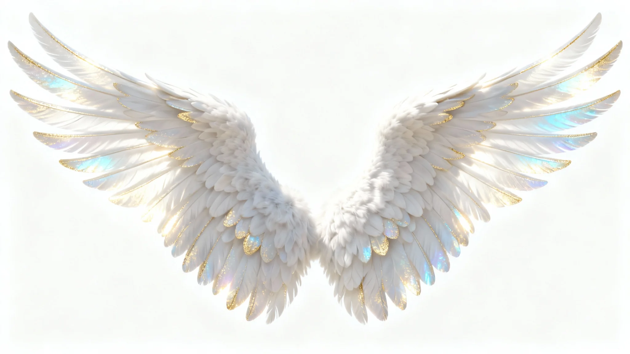A close-up of a pair of large, majestic white angel wings with intricate feather detail, glowing with iridescent light against a plain white background.