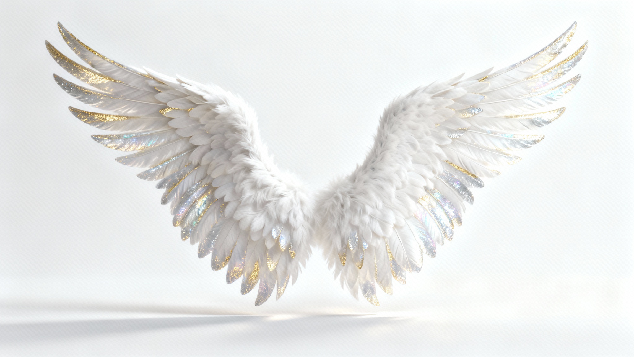 A photorealistic mockup of a pair of large, beautifully detailed white angel wings with golden highlights, spread wide against a plain white background.