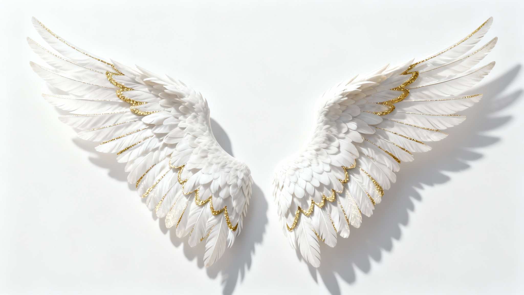 An elegant, detailed design of a pair of white angel wings with gold accents, spread open against a plain white background, symbolizing grace and divinity.