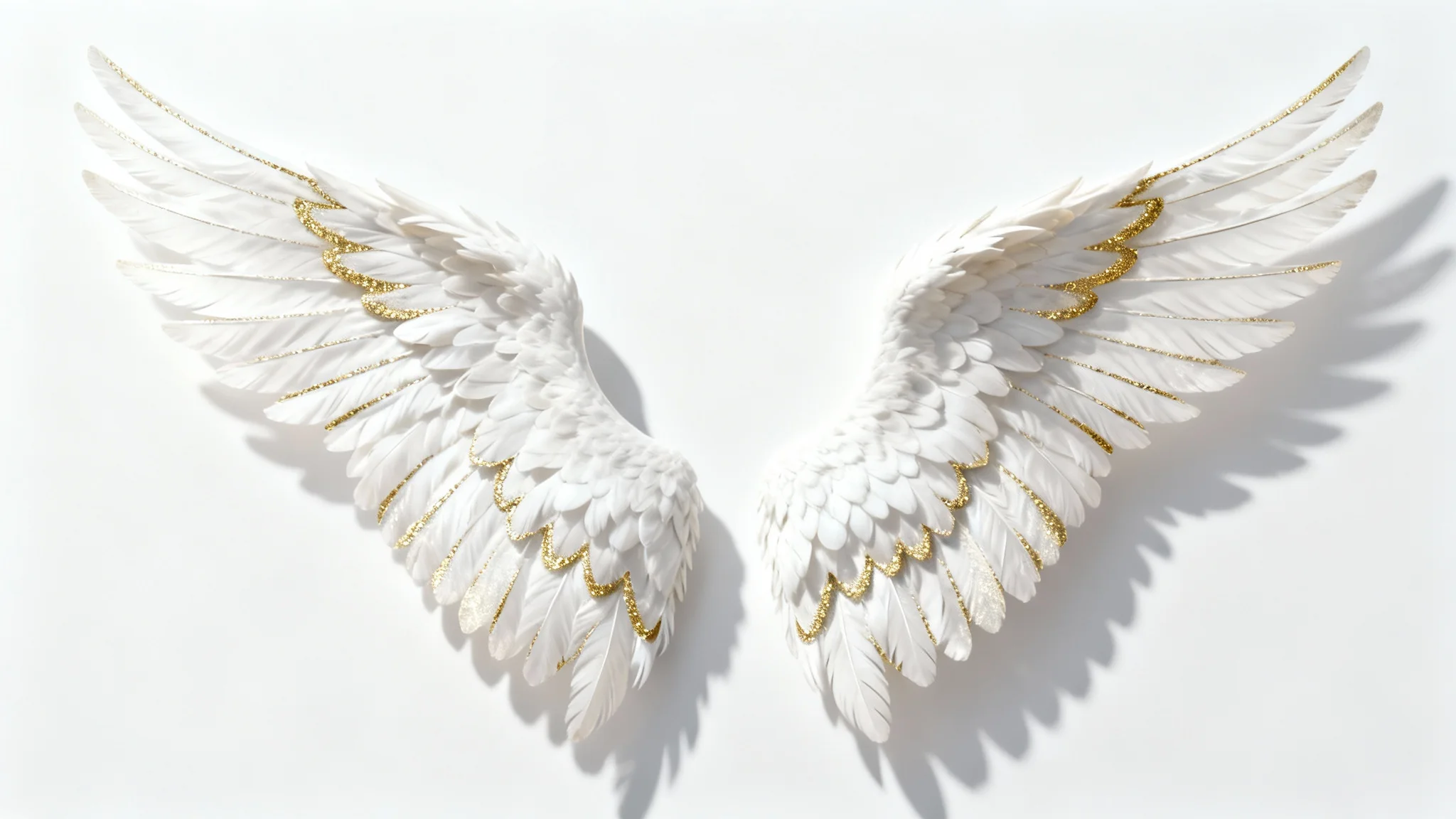 An elegant, detailed design of a pair of white angel wings with gold accents, spread open against a plain white background, symbolizing grace and divinity.