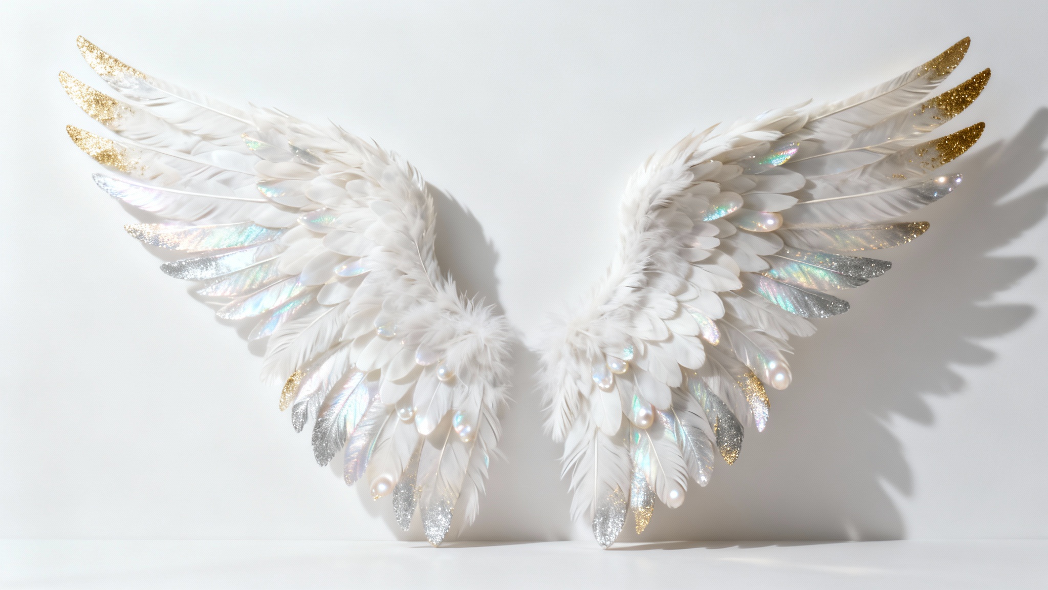 An elegant mockup of a pair of detailed white angel wings with iridescent and gold accents, displayed as a design concept against a pure white background.