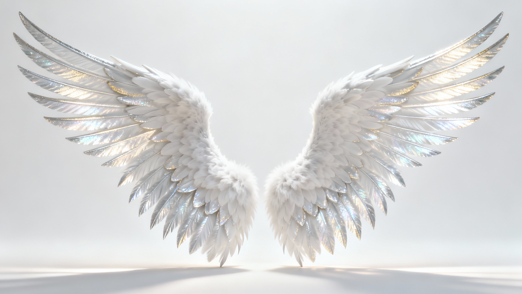 A highly detailed digital design of a pair of large, white angel wings with iridescent highlights, presented as a mockup against a plain white background.
