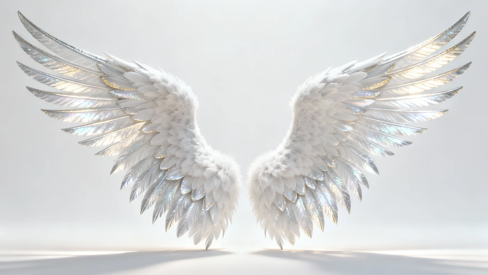 A highly detailed digital design of a pair of large, white angel wings with iridescent highlights, presented as a mockup against a plain white background.