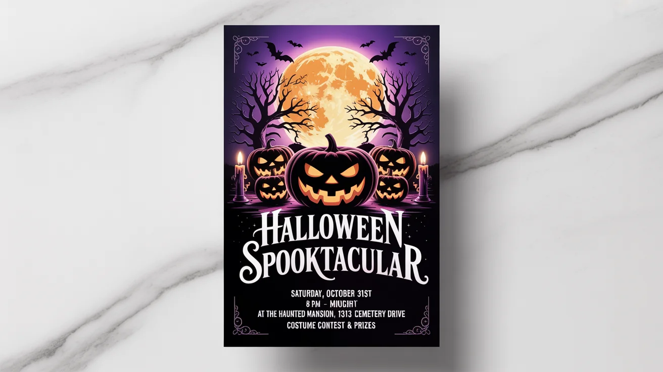 A professionally designed Halloween party flyer titled 'Halloween Spooktacular', featuring illustrations of pumpkins and bats against a dark, moody background with a full moon.