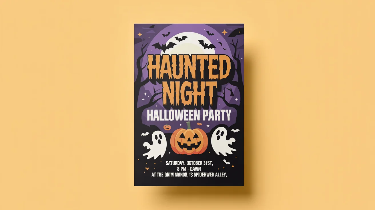 A modern Halloween party flyer mockup with the title 'Haunted Night', featuring a jack-o'-lantern and ghost illustrations on a clean white background.