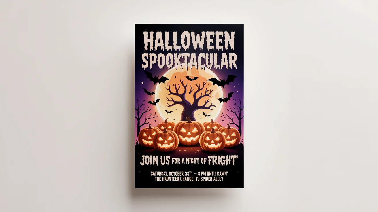 A professionally designed Halloween party flyer mockup on a white background. The flyer advertises a 'Halloween Spooktacular' with spooky graphics like a full moon, bats, and jack-o'-lanterns.
