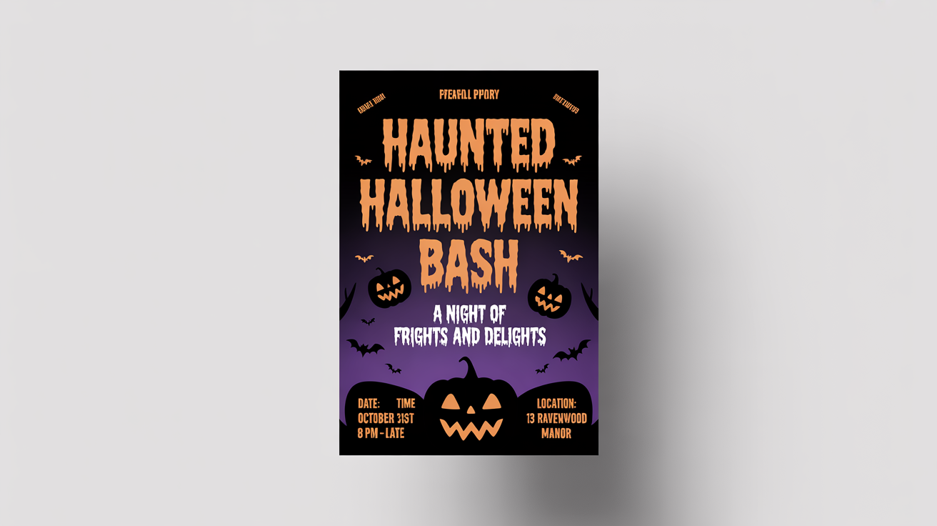 A mockup of a Halloween party flyer on a white background. The flyer is dark purple and black, with orange and white text announcing a 'Haunted Halloween Bash' and features illustrations of jack-o'-lanterns and bats.