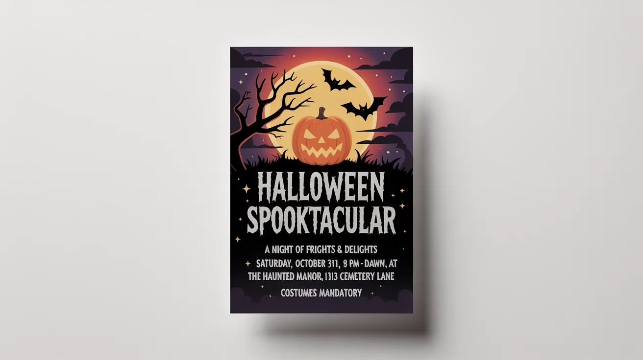 A mockup of a Halloween party flyer on a white background, featuring a jack-o'-lantern, a full moon, and bats. The flyer is titled 'Halloween Spooktacular' and lists event details for October 31st.