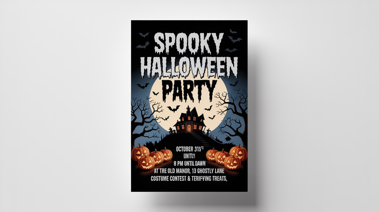 A mockup of a Halloween party flyer on a white background. The flyer has a spooky design with a haunted house, a full moon, and jack-o'-lanterns, with text for the event details.