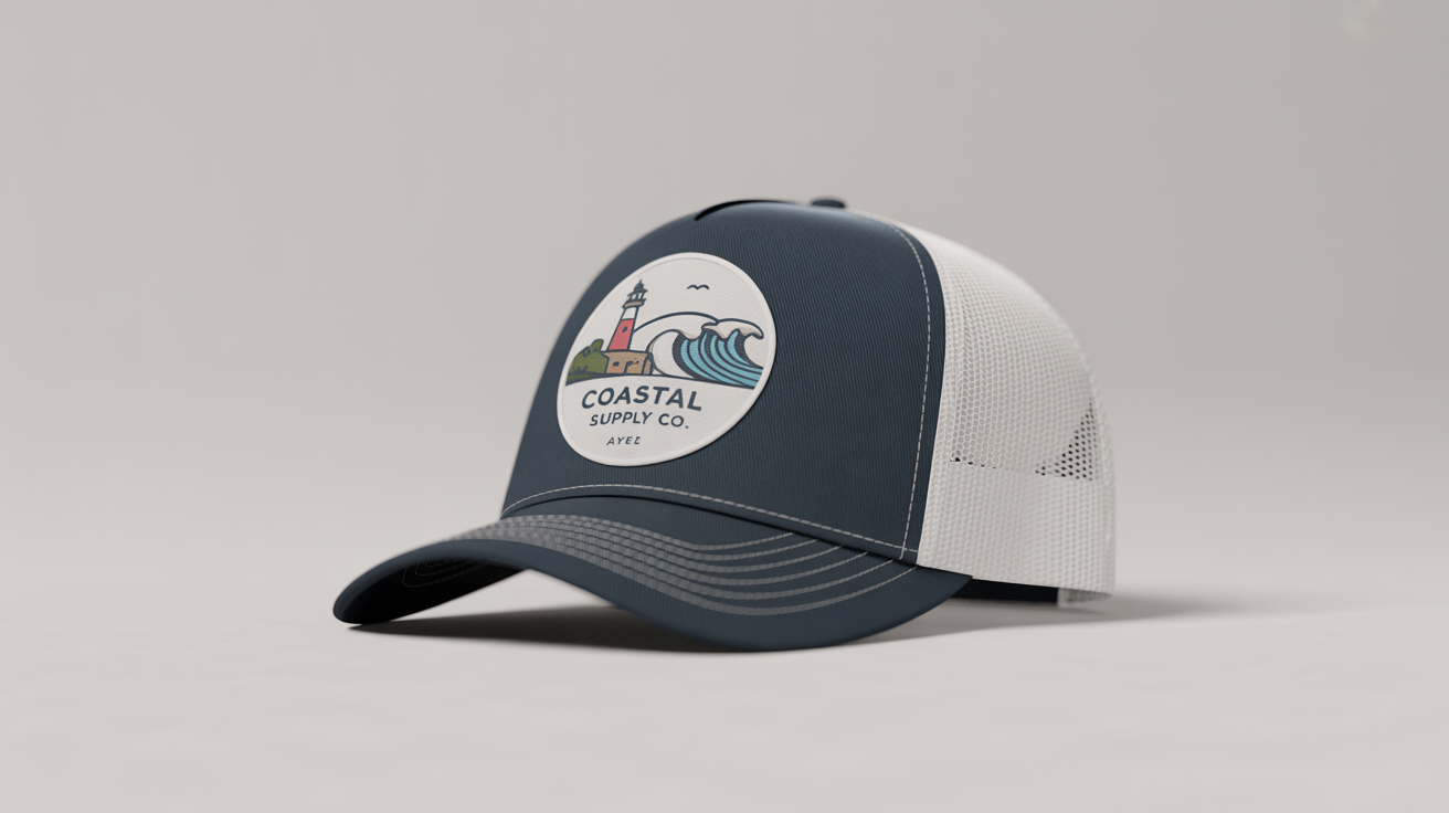 A professional mockup of a navy blue and white trucker cap, featuring a high-quality embroidered patch on the front with a lighthouse logo and the text 'COASTAL SUPPLY CO.'