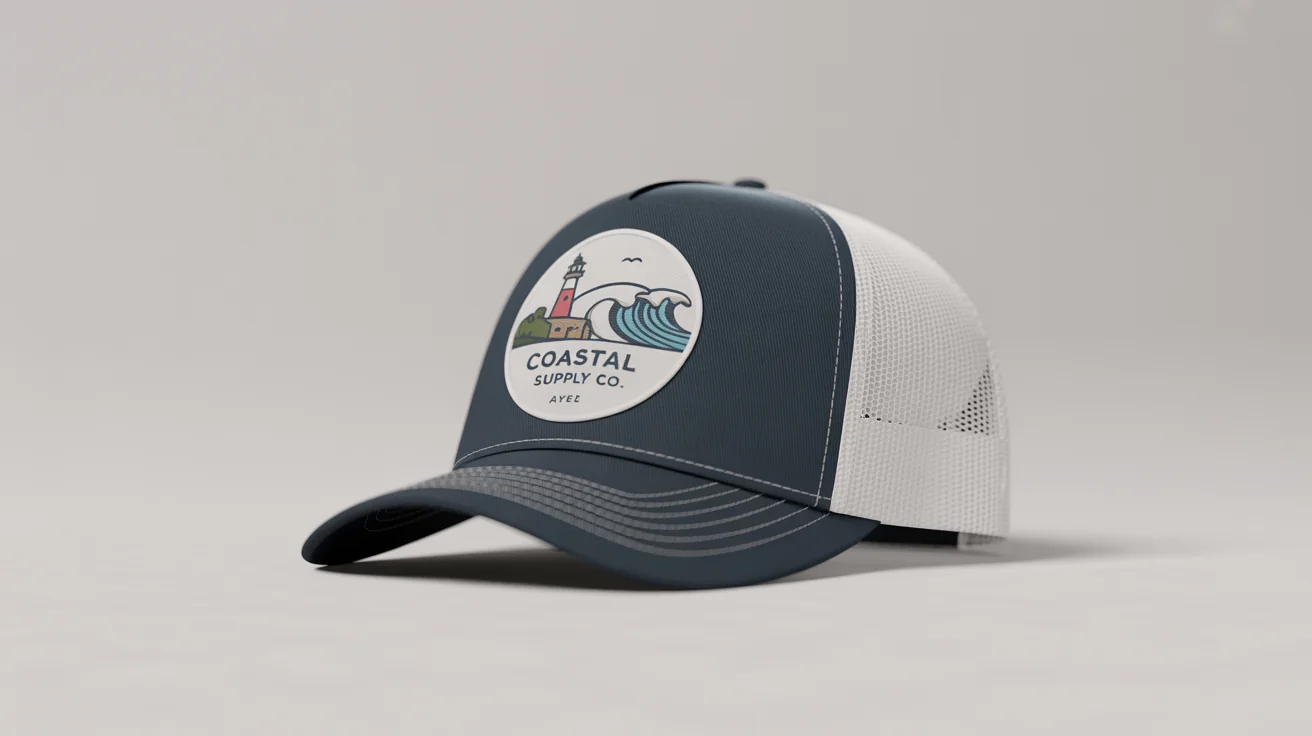 A professional mockup of a navy blue and white trucker cap, featuring a high-quality embroidered patch on the front with a lighthouse logo and the text 'COASTAL SUPPLY CO.'