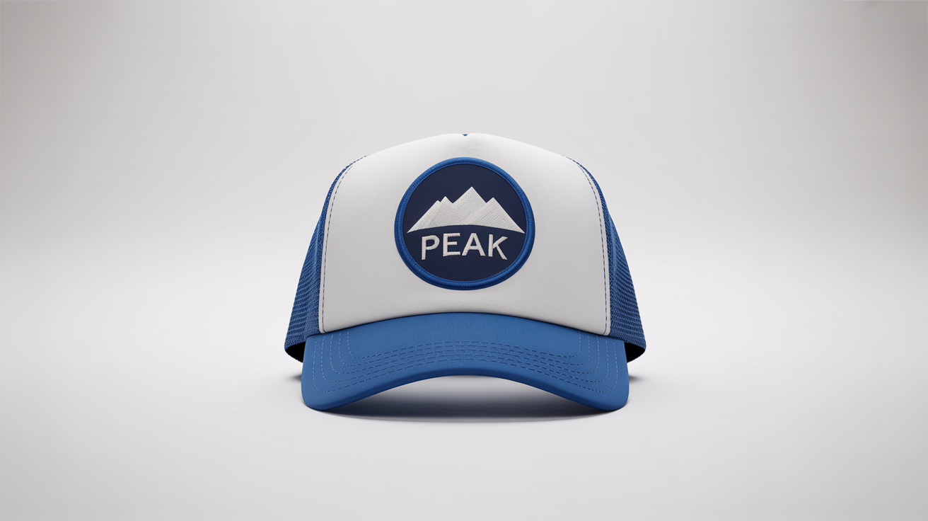 A photorealistic mockup of a classic trucker cap with a white front panel, royal blue mesh, and a circular patch on the front that says 'PEAK' below a mountain graphic.